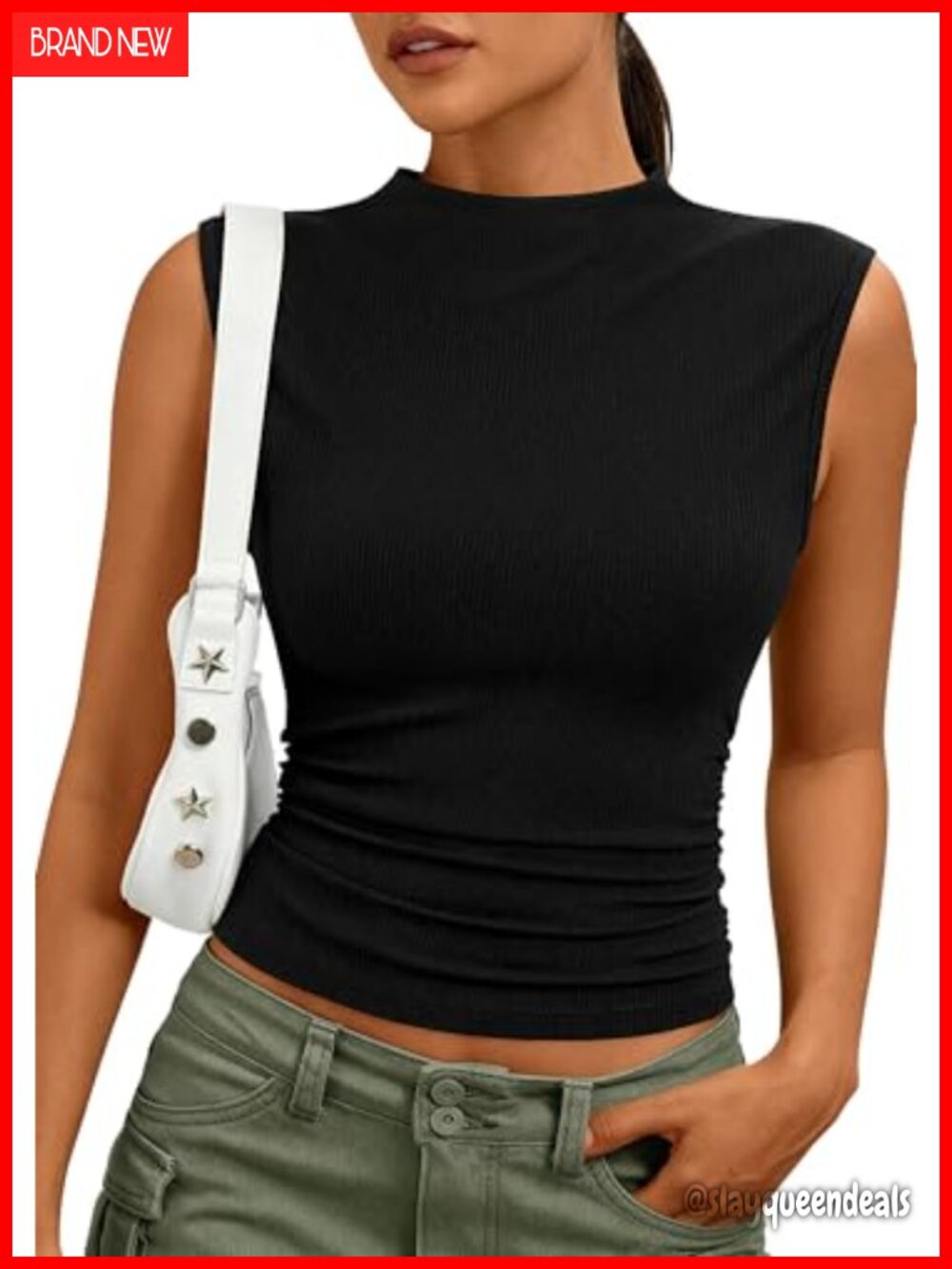 Sleeveless Mock Neck Ribbed Tank Top Slim Fit Casual Summer Basic